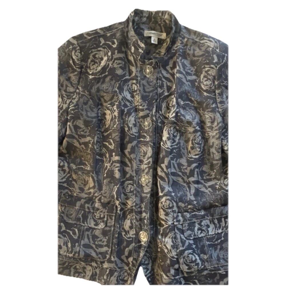 Coldwater Creek Womens Linen Blend Blazer Jacket 12 Faded Roses Floral‎ Denim